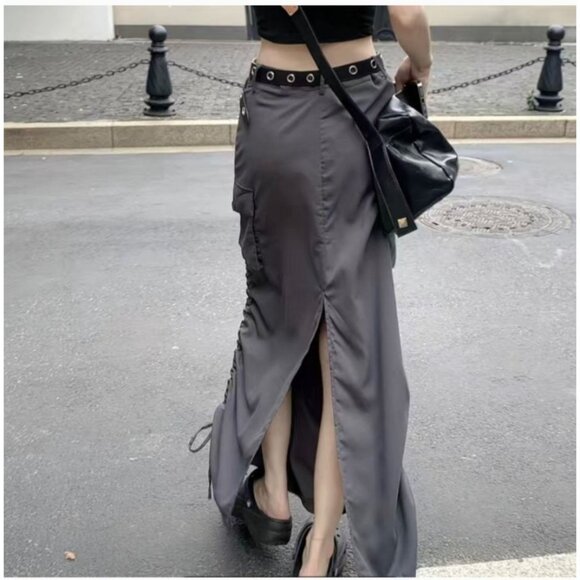 Micas Women Size Large High-Waisted Gray Cargo Maxi Skirt Slit Drawstring Hem - Picture 2 of 11